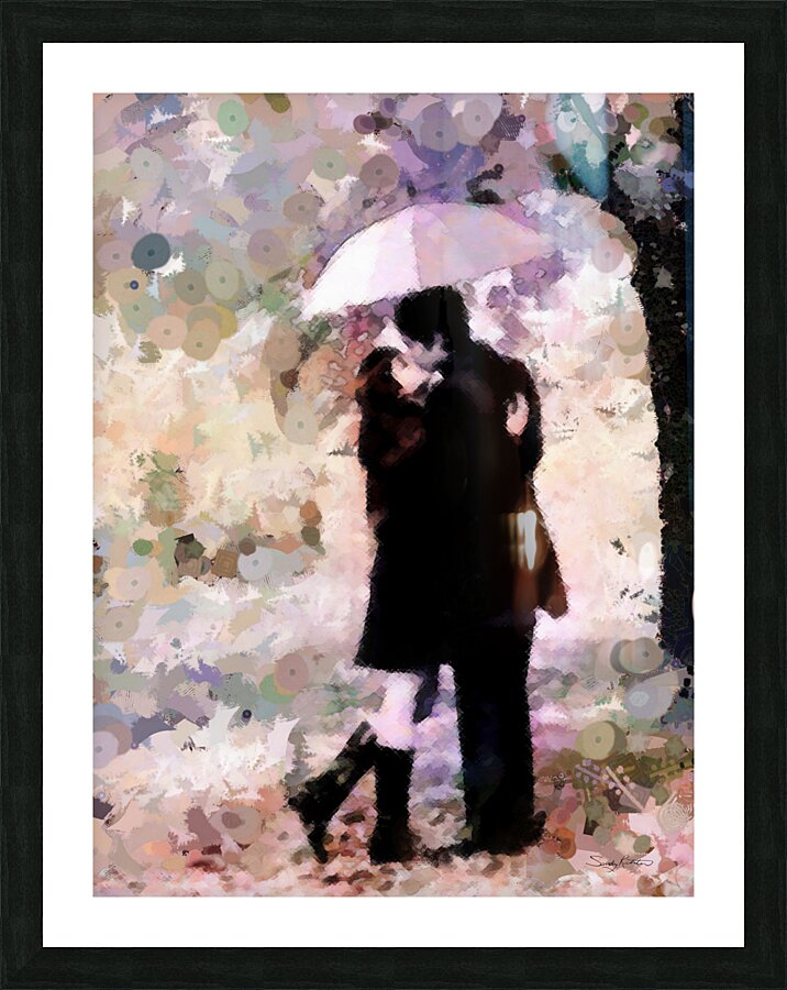 Couple in Love Kissing in the Rain Abstract Mixed Media Art Picture Frame print