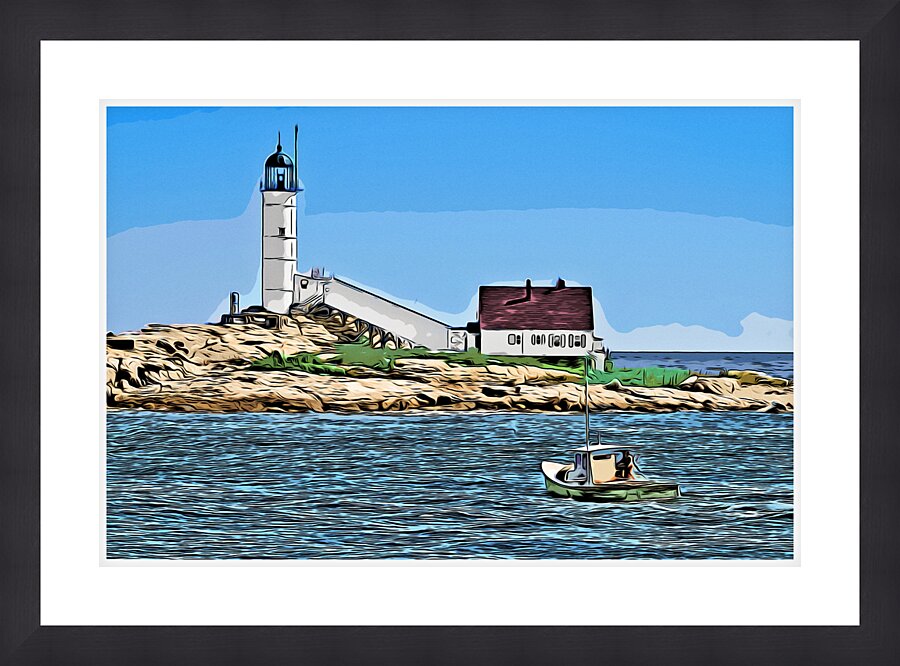 Lobster Boat By Isles of Shoals Light on White Island in New Hampshire - Illus. Picture Frame print