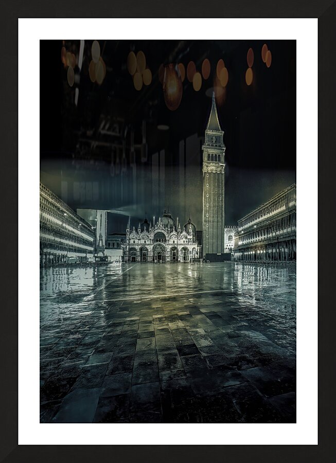 Venice Night St Marks Square After a Rain  Framed Print Print