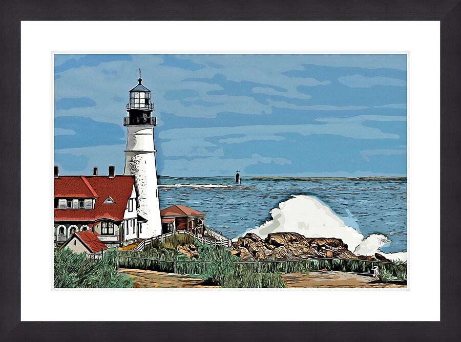 Waves Crash By Portland Head Light as Sun Breaks Through Clouds  - Illus. Picture Frame print