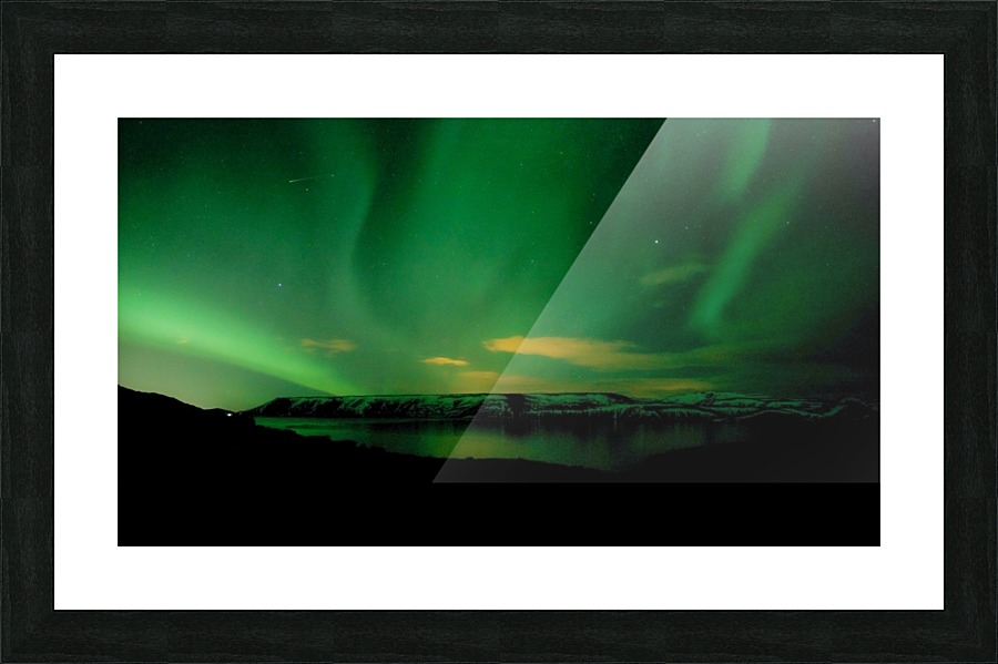 green northern lights on lake Picture Frame print