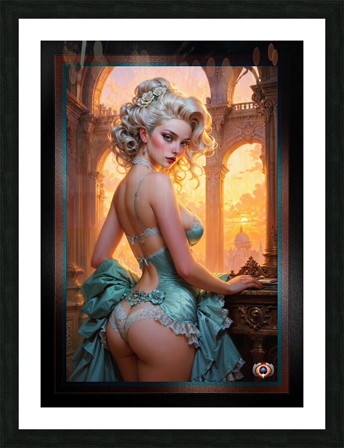 Mesmerizing Rococo-Style Platinum Blonde Beauty In Aqua Green Satin Lingerie AI Concept Art by Xzendor7 Picture Frame print