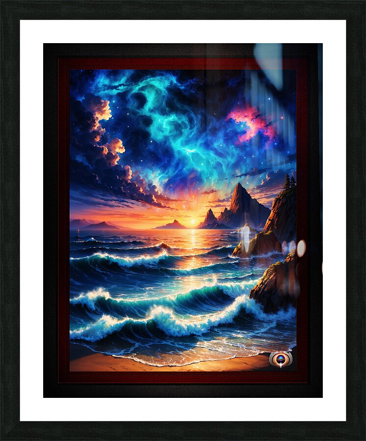 Mesmerizing Ocean Sunset and Aurora Borealis Fantasy Scene AI Concept Art by Xzendor7 Picture Frame print