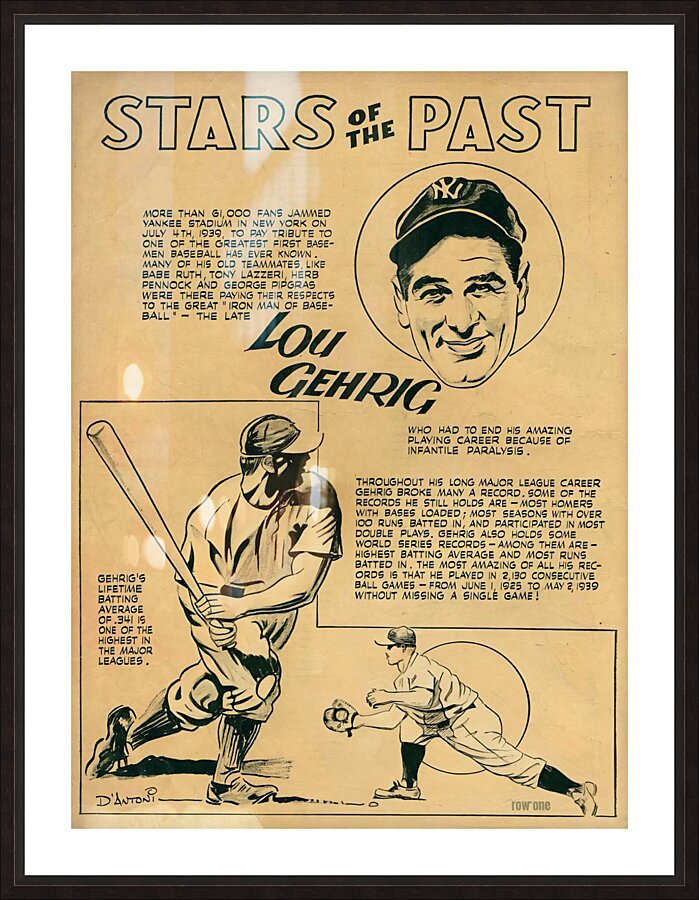 Lou Gehrig Cartoon Art Picture Frame print