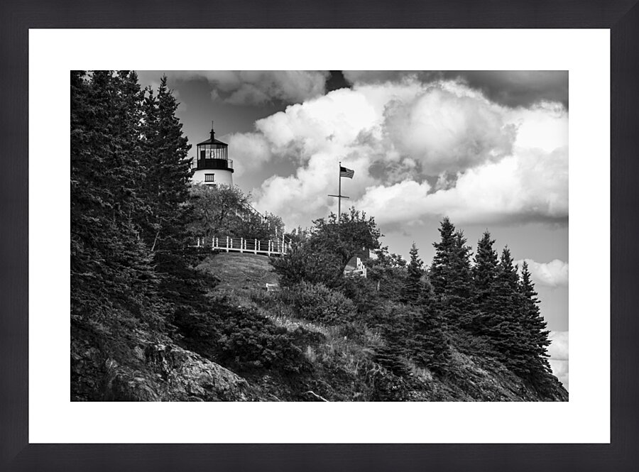 Owls Head Light Over Rocky Cliffs in Midcoast Maine - B&W Picture Frame print