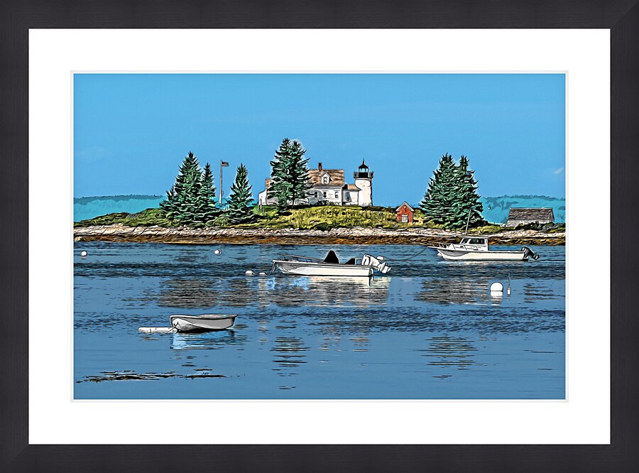 Boats Anchored by Pumpkin Island Light in Maine - Illus. Picture Frame print
