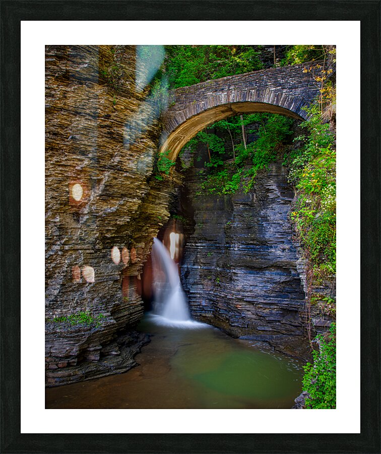Watkins Glen Suspension Bridge cascade Picture Frame print