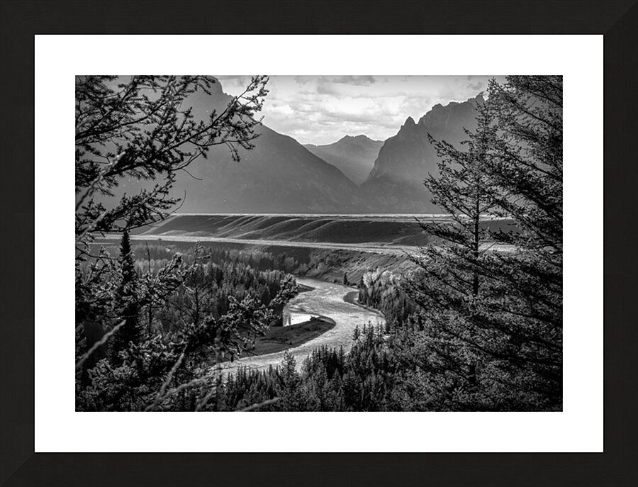 Grand Teton Overlook Sunset Sunbeams in Black and White Picture Frame print
