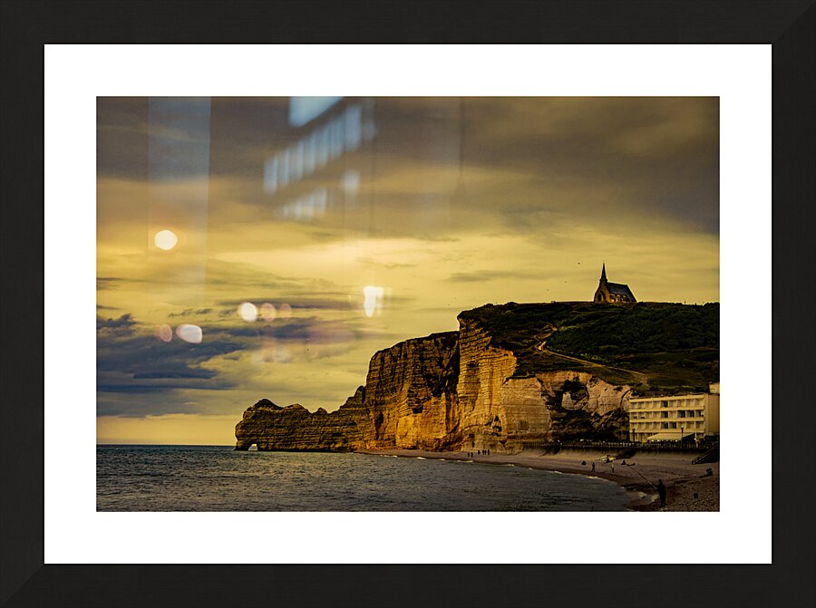 Etretat Normandy Beach Cliffs Arch and Historic Church Picture Frame print