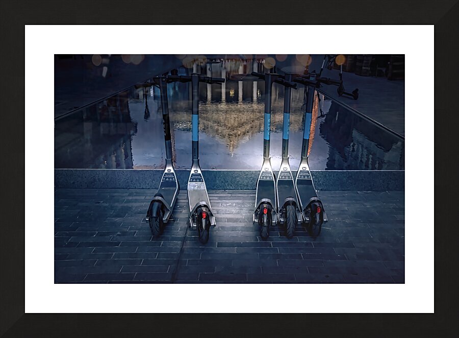Brussels Stock Exchange and Scooters Reflection Picture Frame print