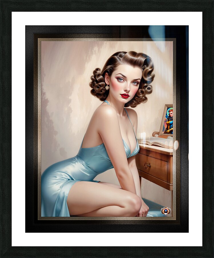Elegant Pin-Up Girl Beauty In Satin Blue Attire Reading At Her Vanity Mesmerizing AI Concept Art by Xzendor7 Picture Frame print