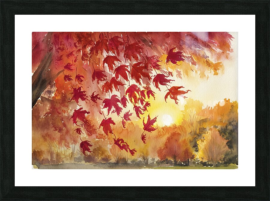 Watercolor drawing of falling red leaves in autum Picture Frame print