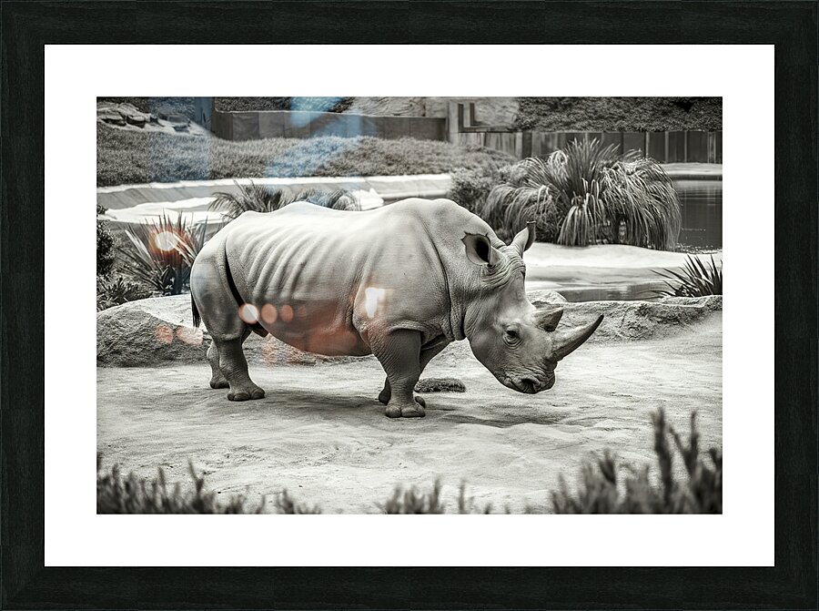 A rhinoceros in what appears to be a zoo or wildl Picture Frame print