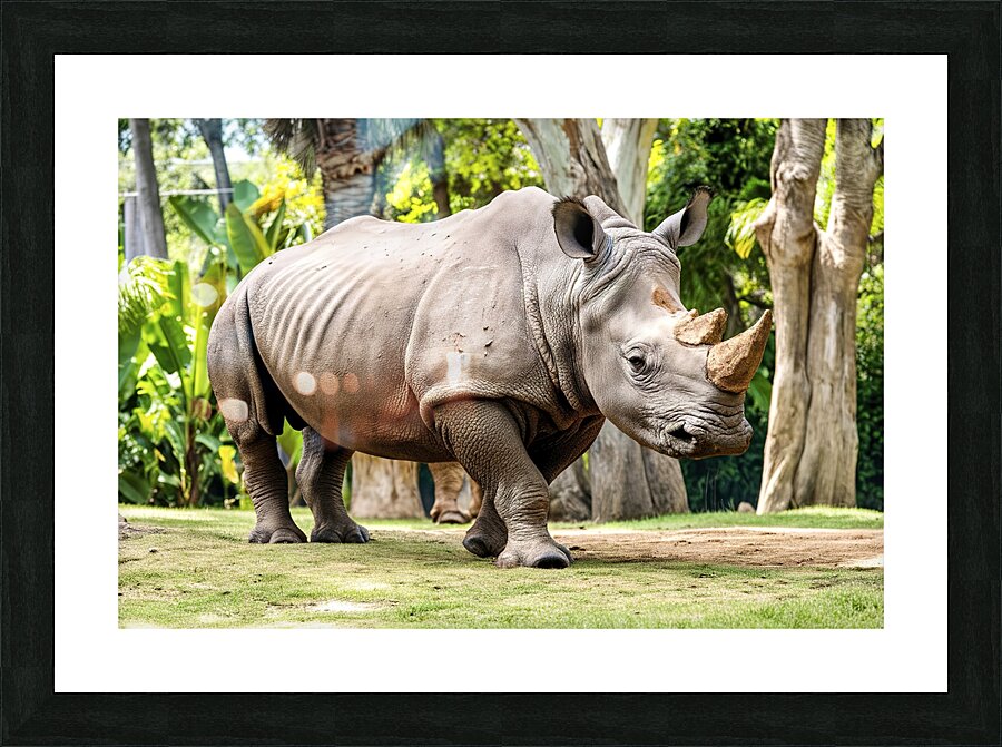 A rhinoceros in what appears to be a zoo or wildl 1722839494.4431 Picture Frame print