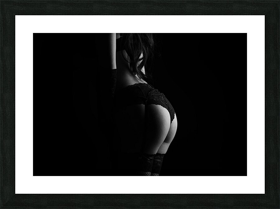 Silhouette of erotic woman posing in black lingerie Picture Frame print