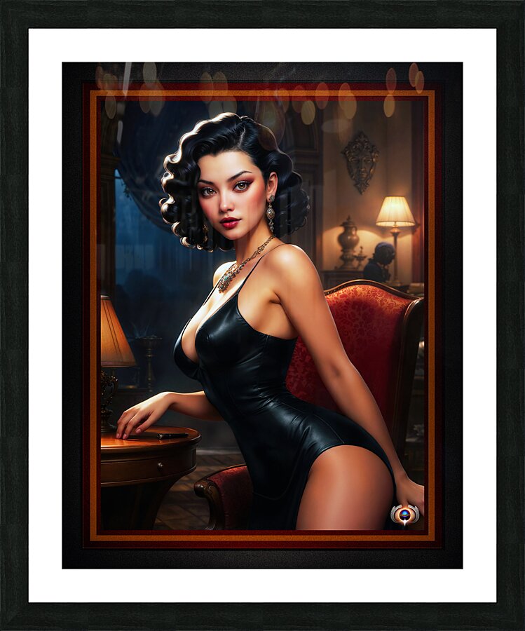 Retro Film Noir Pinup Girl In A Black Leather Dress Stunning AI Concept Art by Xzendor7 Picture Frame print