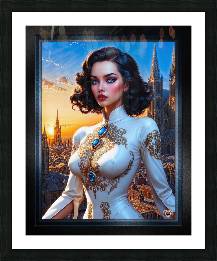 The Regal Thycia Assani Against The Backdrop Of The Brassia Metropolis Mesmerizing AI Concept Art by Xzendor7 Picture Frame print