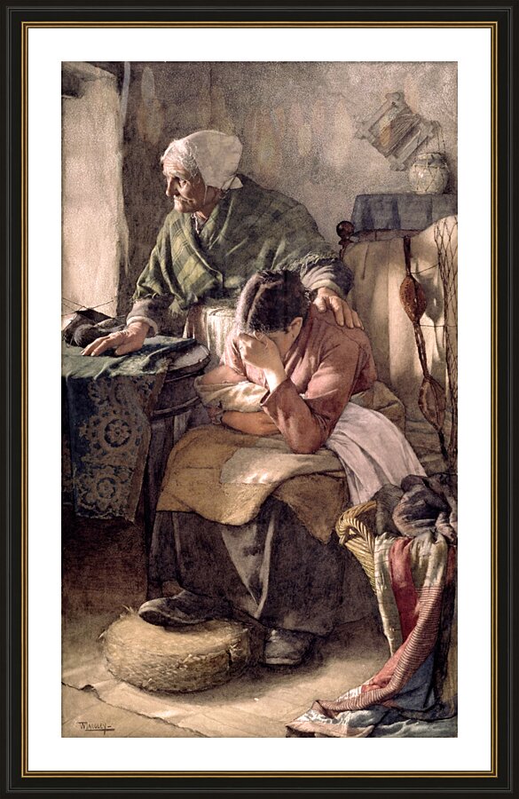 Sad Mother With Baby And Grandmother Vintage Oil Painting Picture Frame print