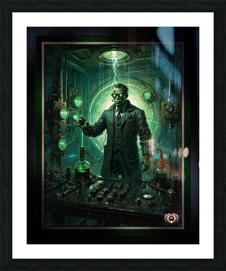 Mad Demon Scientist In His Dark Steampunk Laboratory Nightmarish Halloween AI Concept Art by Xzendor7 Picture Frame print