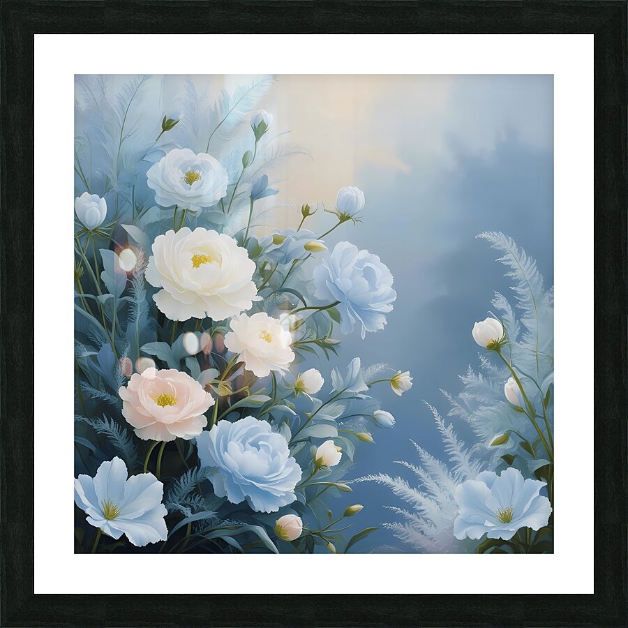 A celestial painting featuring blue and white flowers in soft pastel tones adding tranquility and beauty to your decor. Generative Al Picture Frame print