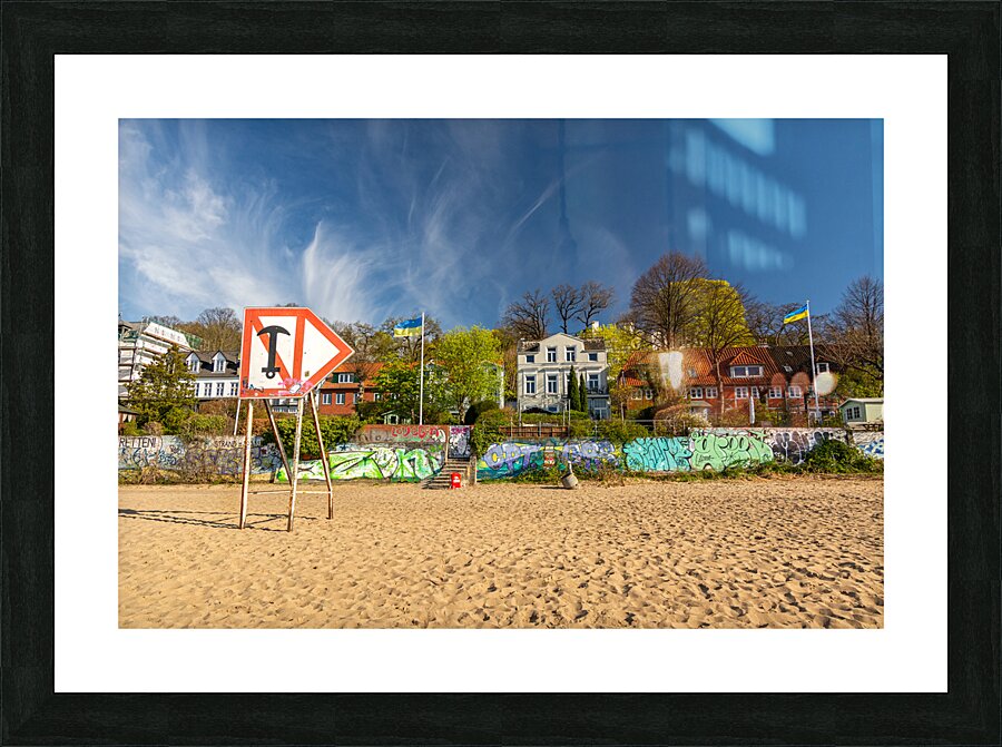 Typical houses at the waterfront and city beach at the Elbe River in Hamburg Germany  Picture Frame print