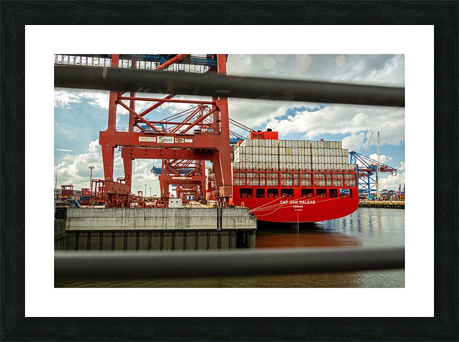 Ship unloading at a container terminal in the port area of Hamburg Germany Picture Frame print
