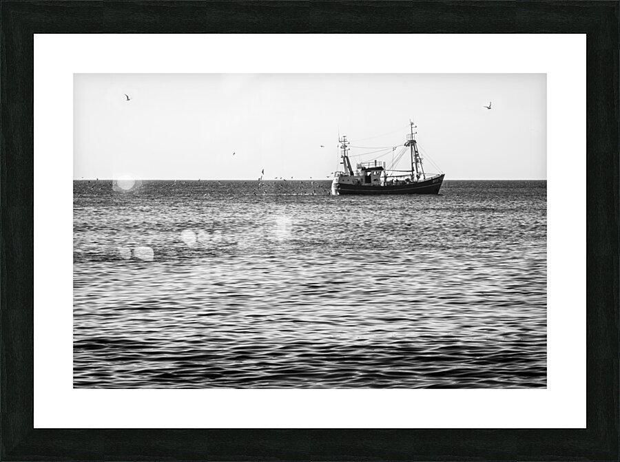 Black and White shot of fishing vessel on the North Sea Picture Frame print