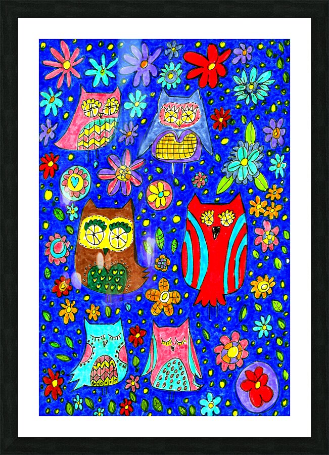 Abstract Owls and Colourful Flowers Picture Frame print