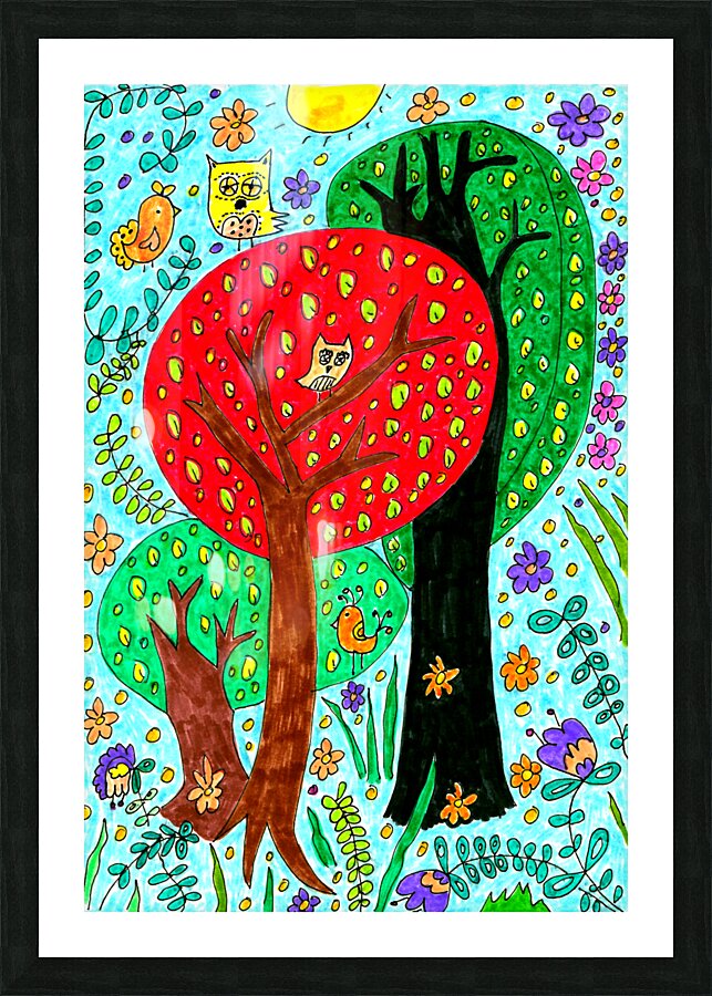 Abstract Doodle Art Trees and Owls  Picture Frame print