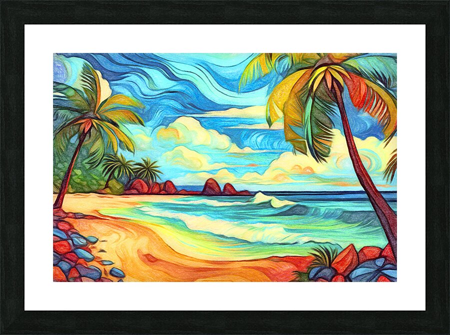 Tropical Beach with Palm Trees Golden Sand and Ocean Picture Frame print