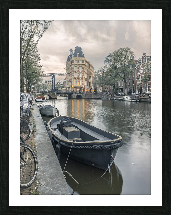 Boat moored by the canal Amsterdam Picture Frame print