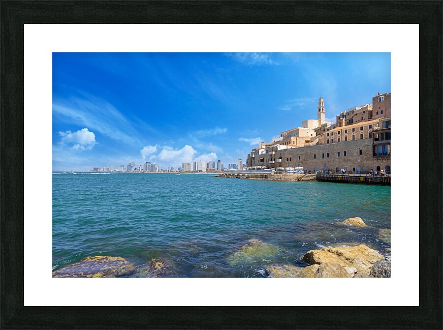 Israel view of Tel Aviv shore sea shoreline and Namal Yafo historic Old Jaffa port Picture Frame print