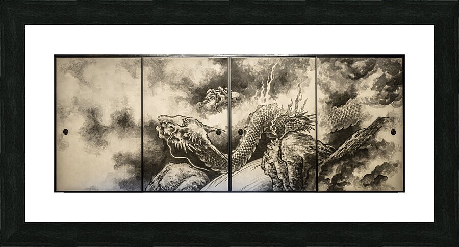Japanese dragons emerging from clouds Picture Frame print
