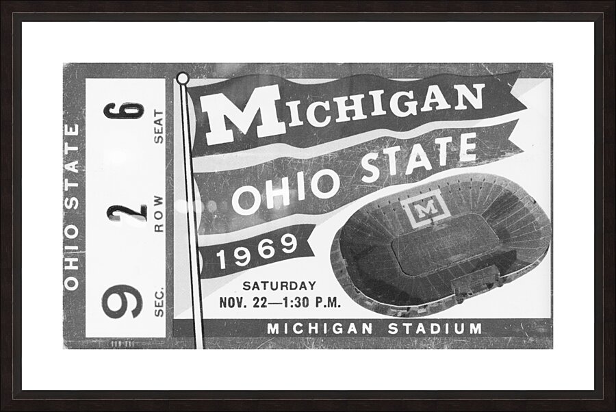 1969 Michigan Ohio State Black and White Ticket Picture Frame print