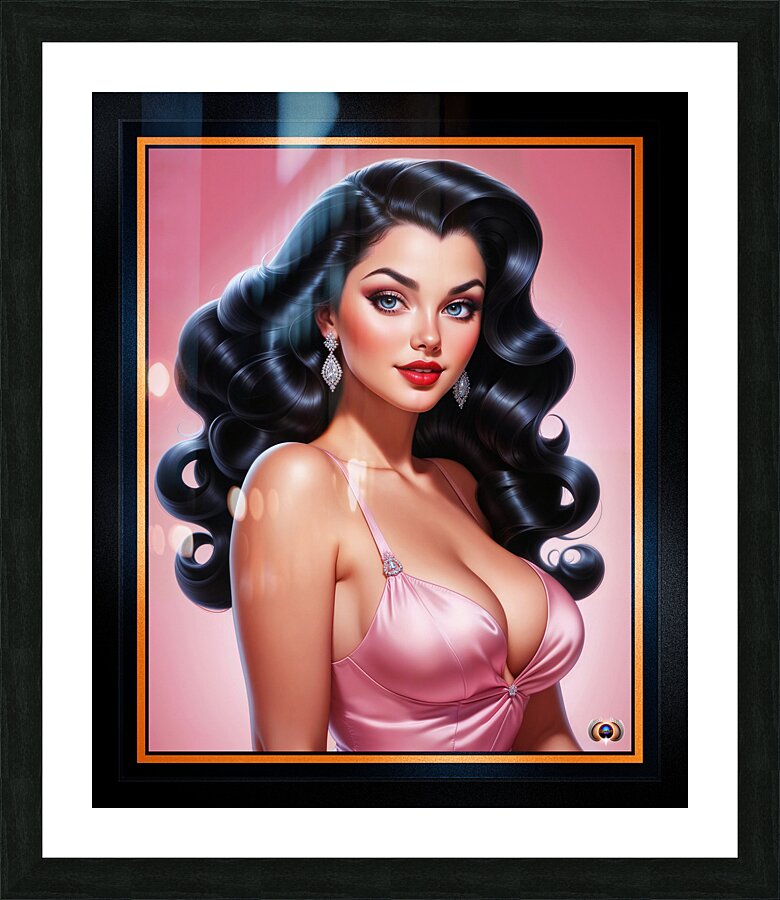 Glamorous Raven Haired Pin-up Girl In A Pink Satin Dress Illustration Mesmerizing AI Concept Art by Xzendor7 Picture Frame print
