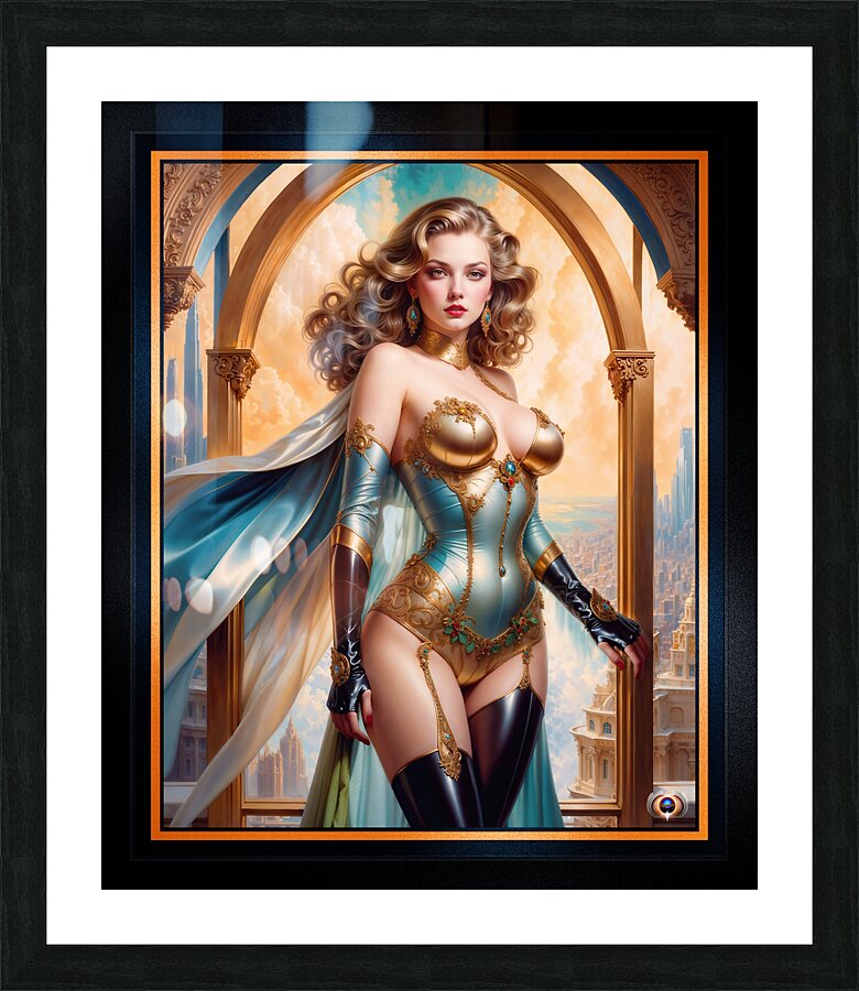 Regal Woman In Opulent Gold And Turquoise Attire Amidst Classic Cityscape Mesmerizing AI Concept Art by Xzendor7 Picture Frame print
