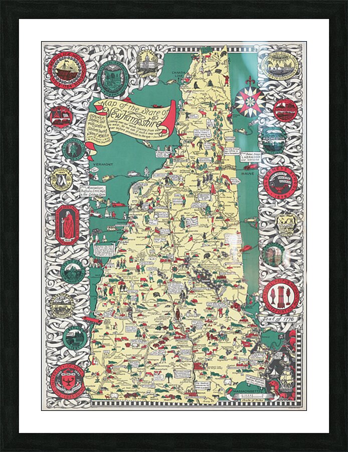 1926 Pictorial Map of New Hampshire – Whimsical and Informative Illustration Featuring Towns Landmarks Mountains and Local Folklore in a Classic New England Decorative Style Picture Frame print