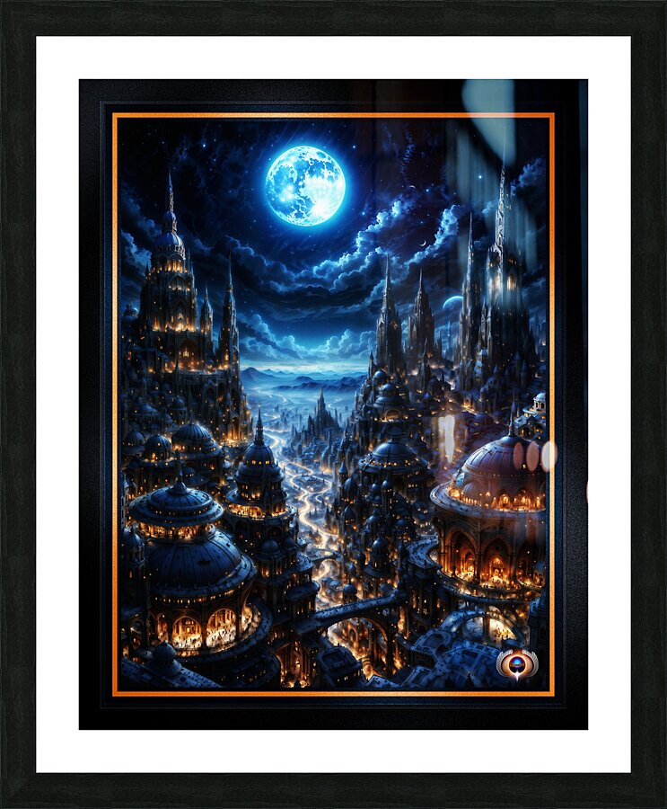 The Epic Fantasy City Known As The Deblan Metropolis Under a Full Moon Breathtaking AI Concept Art by Xzendor7 Picture Frame print