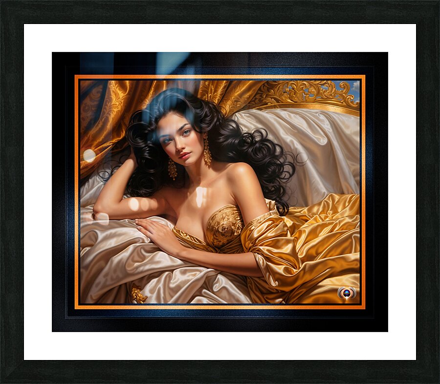 A Mesmerizing Raven-Haired Beauty Reclining In Satin And Golden Luxury AI Concept Art by Xzendor7 Picture Frame print