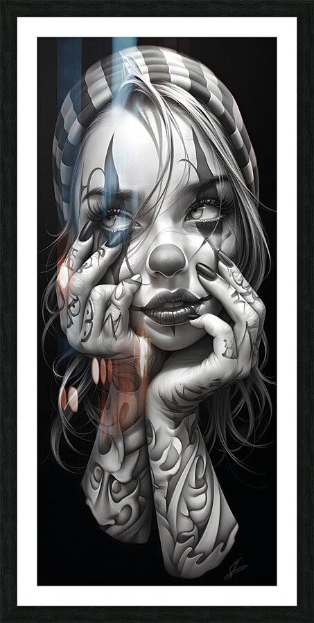 Monochrome Tattooed Clown Portrait Picture Frame print
