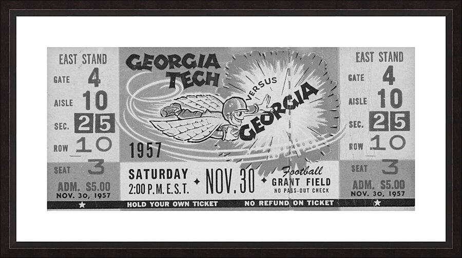 1957 Georgia Tech vs. Georgia Black and White Ticket Remix Picture Frame print
