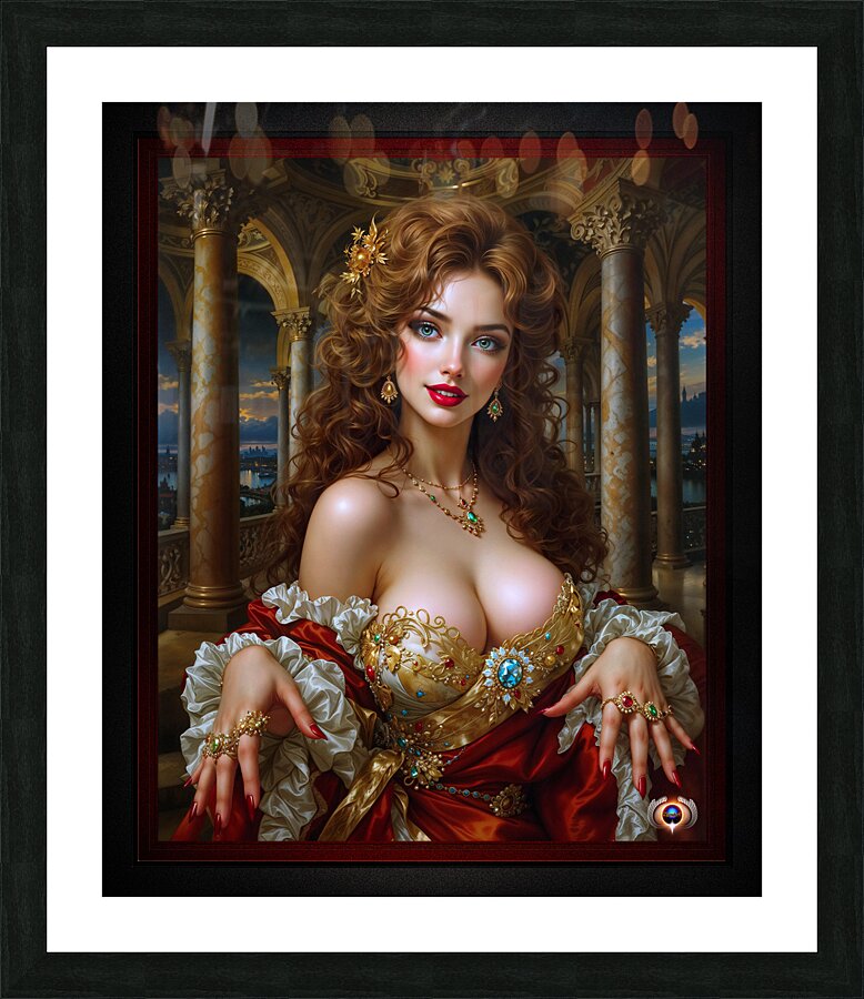 A Timeless Portrait Of A Radiant Redhead In A Palace Of Gold Mesmerizing AI Concept Art by Xzendor7 Picture Frame print