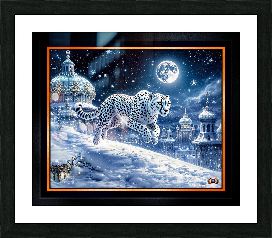 Mystical White Cheetah Traversing An Enchanting Moonlit Winter Cityscape Captivating AI Concept Art by Xzendor7  Framed Print Print