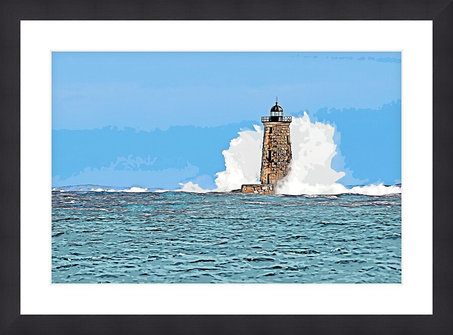 Enormous Wave Surrounds Tower of Whaleback Light in Maine - Illus. Picture Frame print