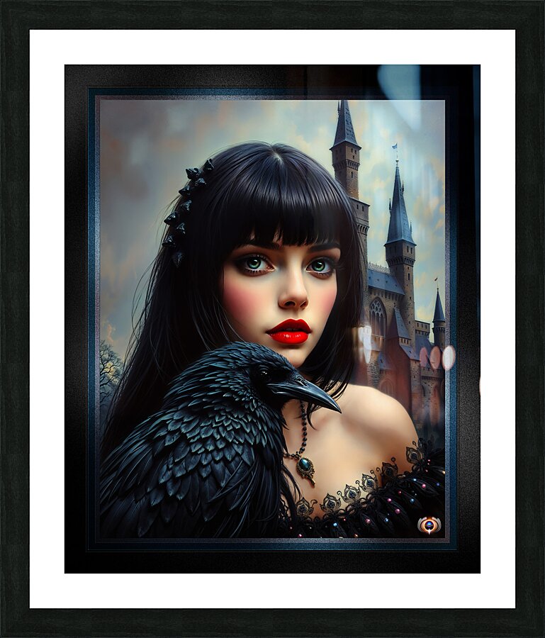 Gothic Beauty Of A Girl And Her Raven Amidst Medieval Castle Mesmerizing AI Concept Art by Xzendor7 Picture Frame print