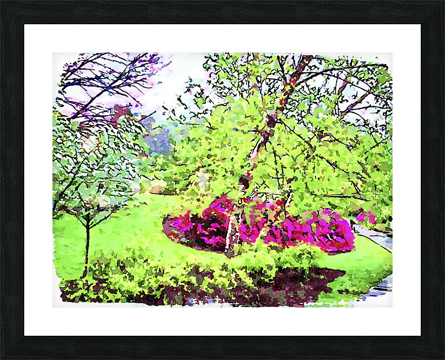 Vibrant watercolor landscape of a lush spring garden Picture Frame print