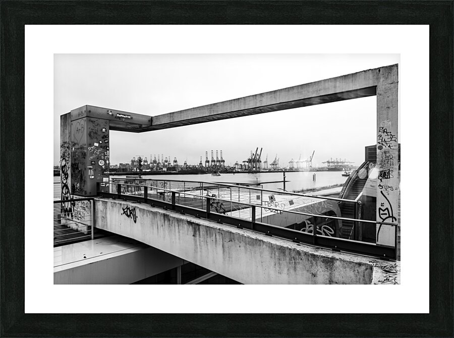 Black and white shot of the Elbe River in Hamburg seen through concrete arch Picture Frame print