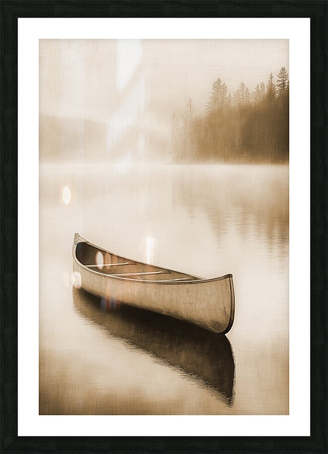 Tranquil Lake and Canoe Sepia Picture Frame print
