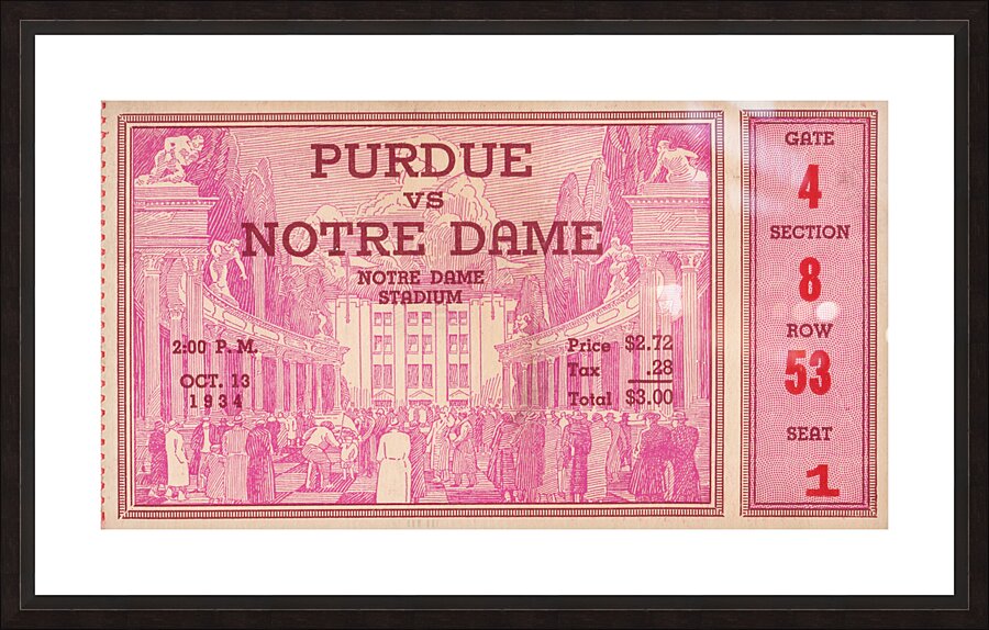1934 Notre Dame vs. Purdue Football Ticket Art Picture Frame print