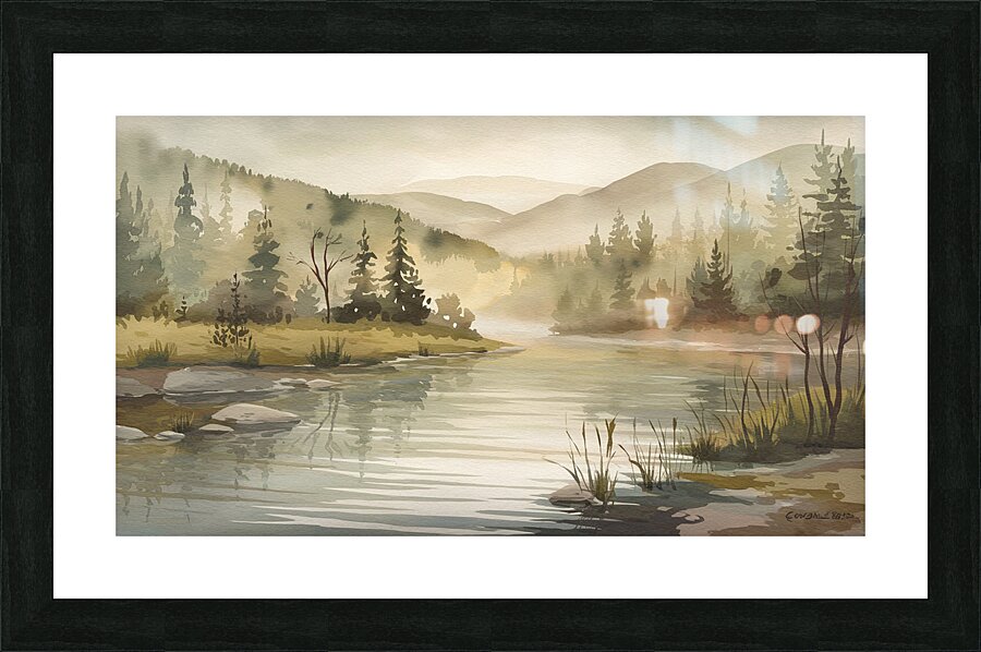 a serene watercolor style landscape pain SYJ7Aguo Picture Frame print